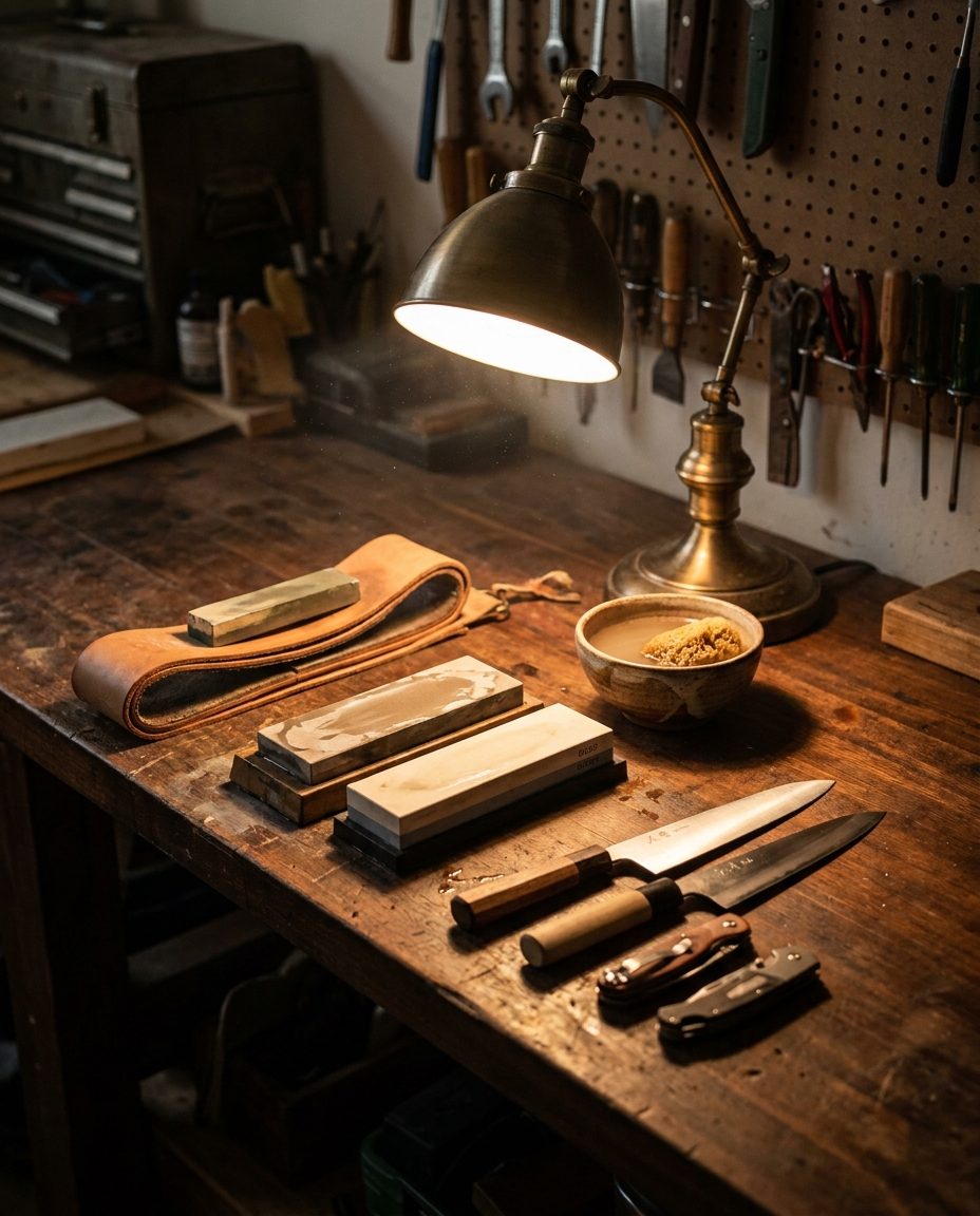 The Blade Bloke's sharpening bench with whetstones, a strop and knives