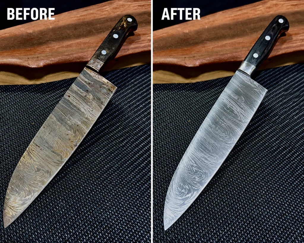 Before and after: a rusty chef's knife restored to a clean, sharp edge