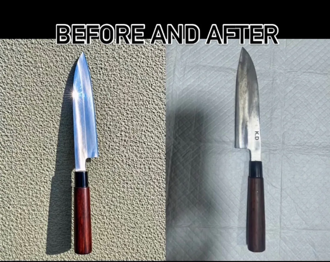 Before and after: a Japanese kitchen knife cleaned up, polished and re-sharpened