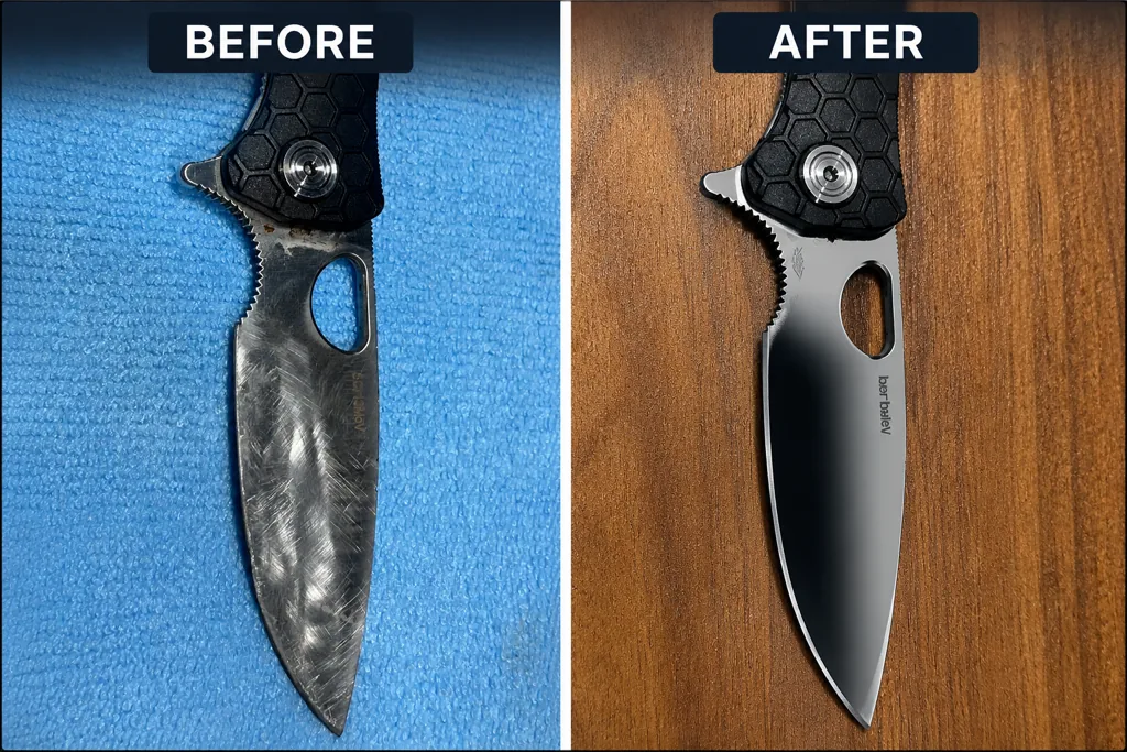 Before and after: a worn folding knife restored to a polished black finish