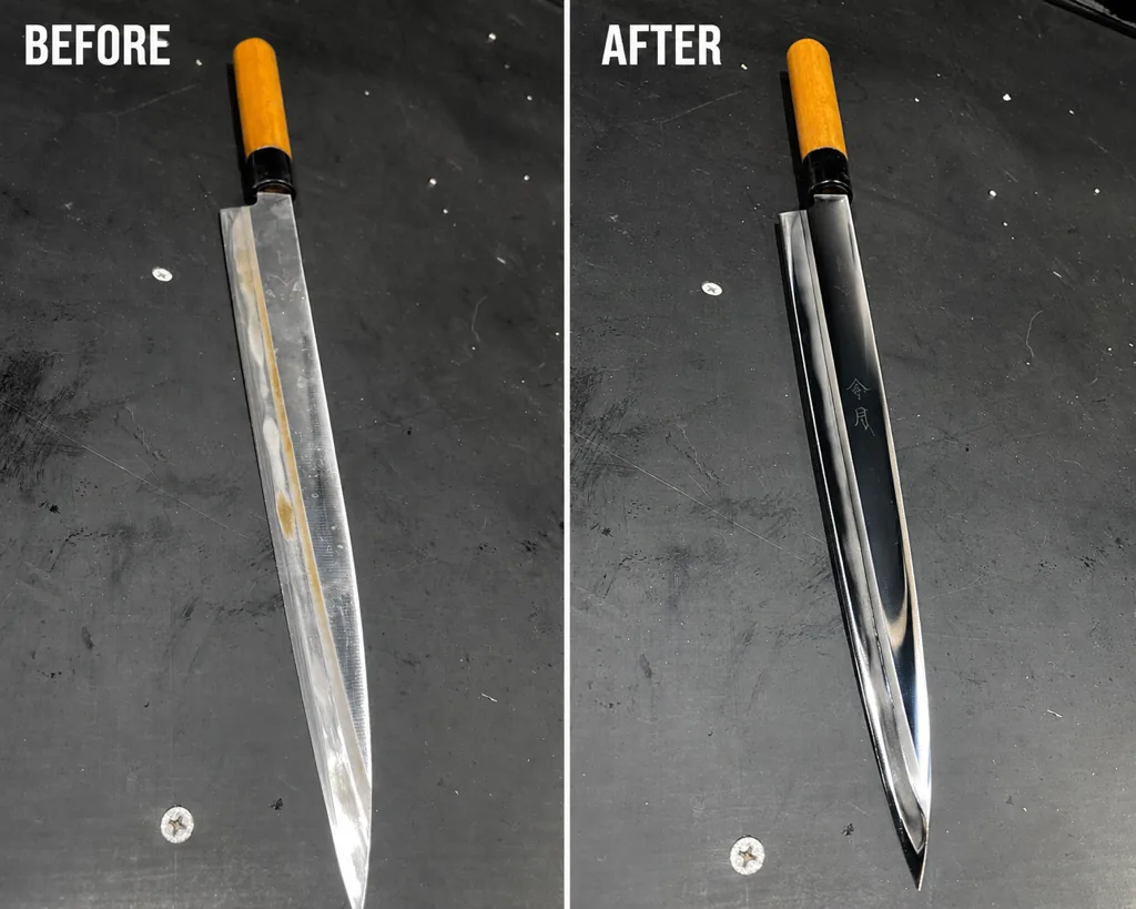Before and after: an orange-handled knife brought back to a mirror finish