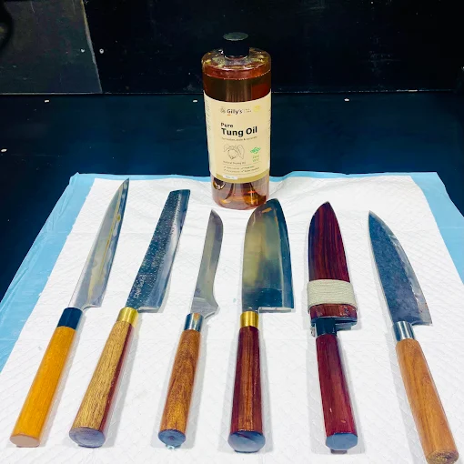 A full set of kitchen knives freshly sharpened and oiled