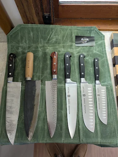 A full set of kitchen knives sharpened and rolled into the Blade Bloke knife roll